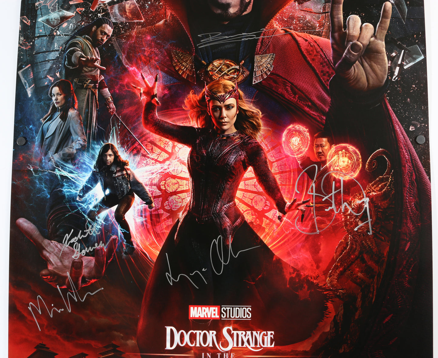 
                  
                    Doctor Strange in the Multiverse of Madness 27x40 Poster Cast Signed by Benedict Cumberbatch, Elizabeth Olsen, Benedict Wong, Xochitl Gomez, Writer: Michael Waldron, & Director: Sam Raimi
                  
                