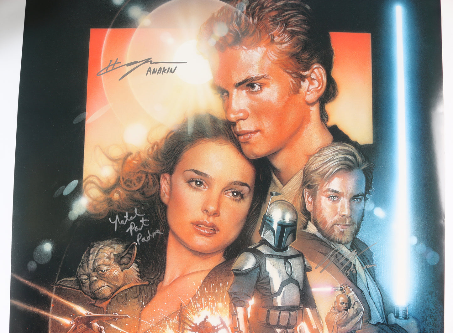 
                  
                    Ewan McGregor as Obi-Wan Kenobi, Natalie Portman as Padme Amidala, & Hayden Christensen as Anakin Skywalker in Star Wars Episode II: Attack of the Clones (SWAU) Signed 27x40 Poster with Character Names
                  
                