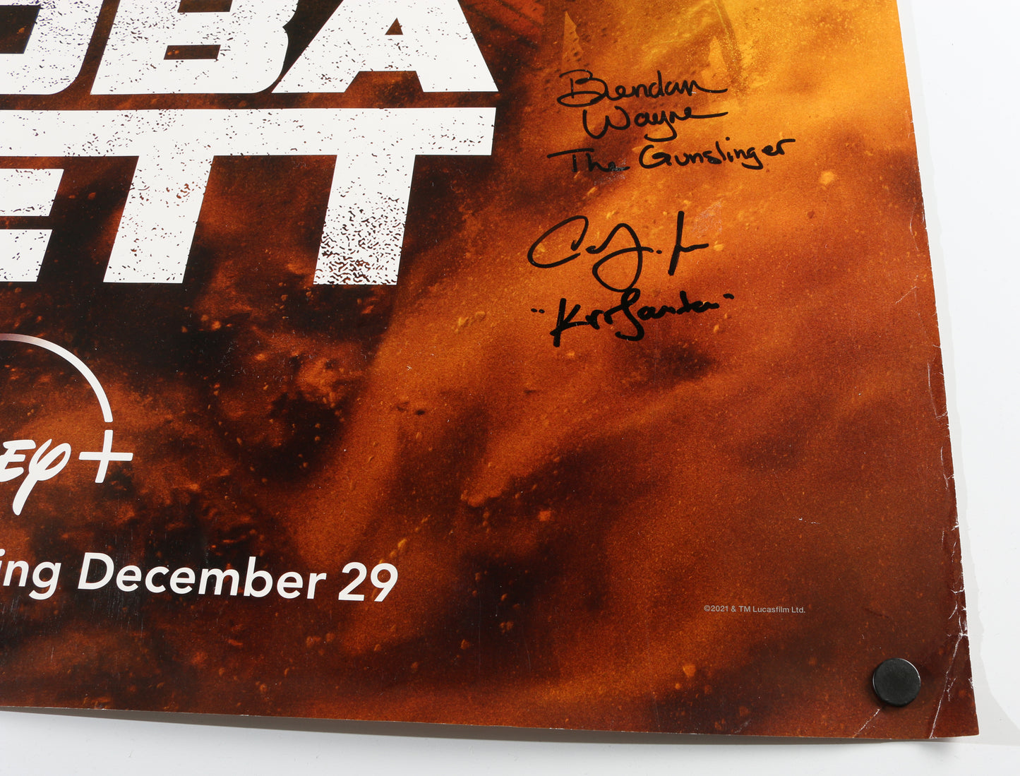 
                  
                    The Book of Boba Fett 27x40 Poster Cast Signed by Temuera Morrison, Matthew Wood, Bryce Dallas Howard, Brendan Wayne, Ming Na Wen, Carey Jones, Corey Burton, Tait Fletcher, Rosario Dawson, Lateef Crowder, & More
                  
                