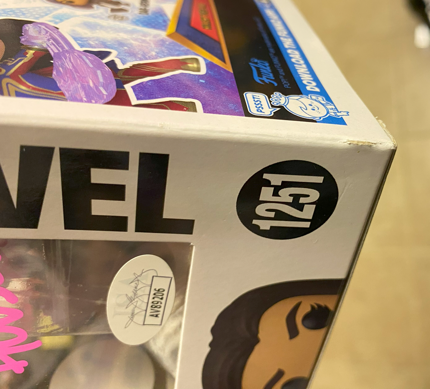 
                  
                    Iman Vellani as Ms. Marvel in The Marvels GITD Funko Store Exclusive (JSA) Signed Funko POP! #1251 with Character Name & Quote
                  
                