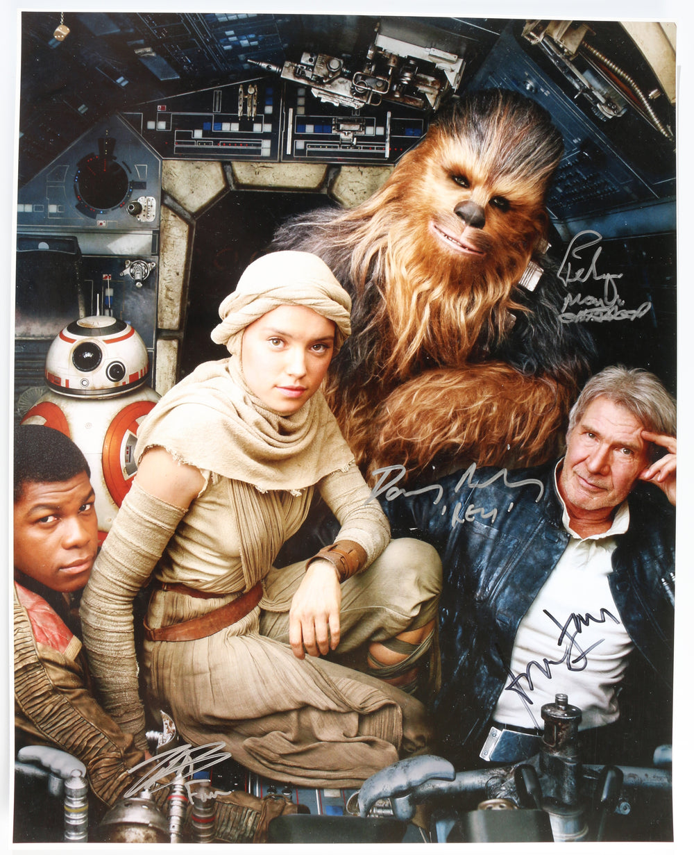 Star Wars: The Force Awakens (Beckett Witnessed) 16x20 Photo Cast Signed by Harrison Ford, Peter Mayhew, Daisy Ridley, & John Boyega with Character Names