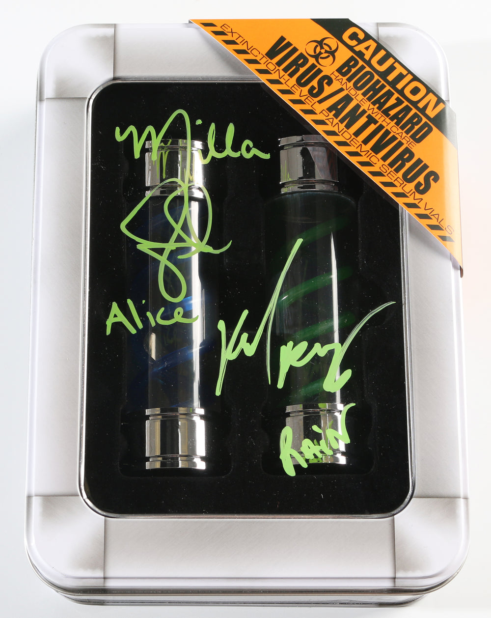 Milla Jovovich as Alice & Michelle Rodriguez as Rain Ocampo in Resident Evil T-Virus & G-Vaccine Prop Replica Set in Case Signed with Character Names