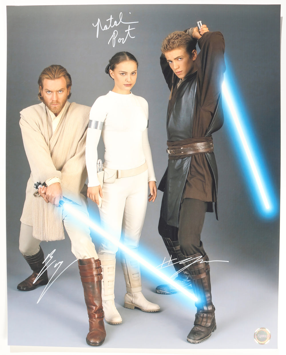 Ewan McGregor as Obi-Wan Kenobi, Natalie Portman as Padme Amidala, & Hayden Christensen as Anakin Skywalker in Star Wars Episode II: Attack of the Clones (SWAU) Signed 16x20 Photo