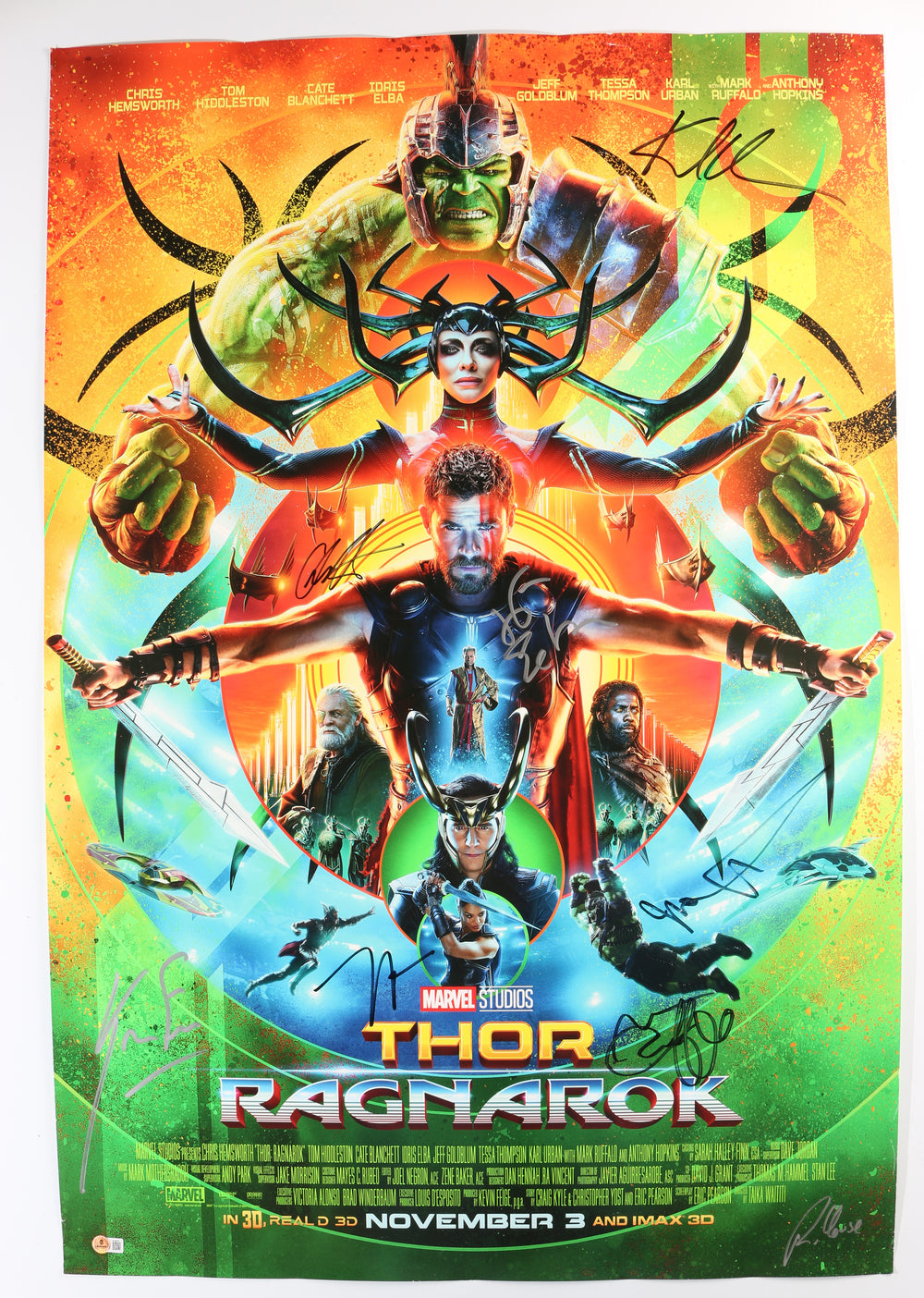 Thor: Ragnarok 27x40 Poster (Beckett) Cast Signed by Chris Hemsworth, Mark Ruffalo, Jeff Goldblum, Karl Urban, Producer: Kevin Feige, & Director: Taika Waititi
