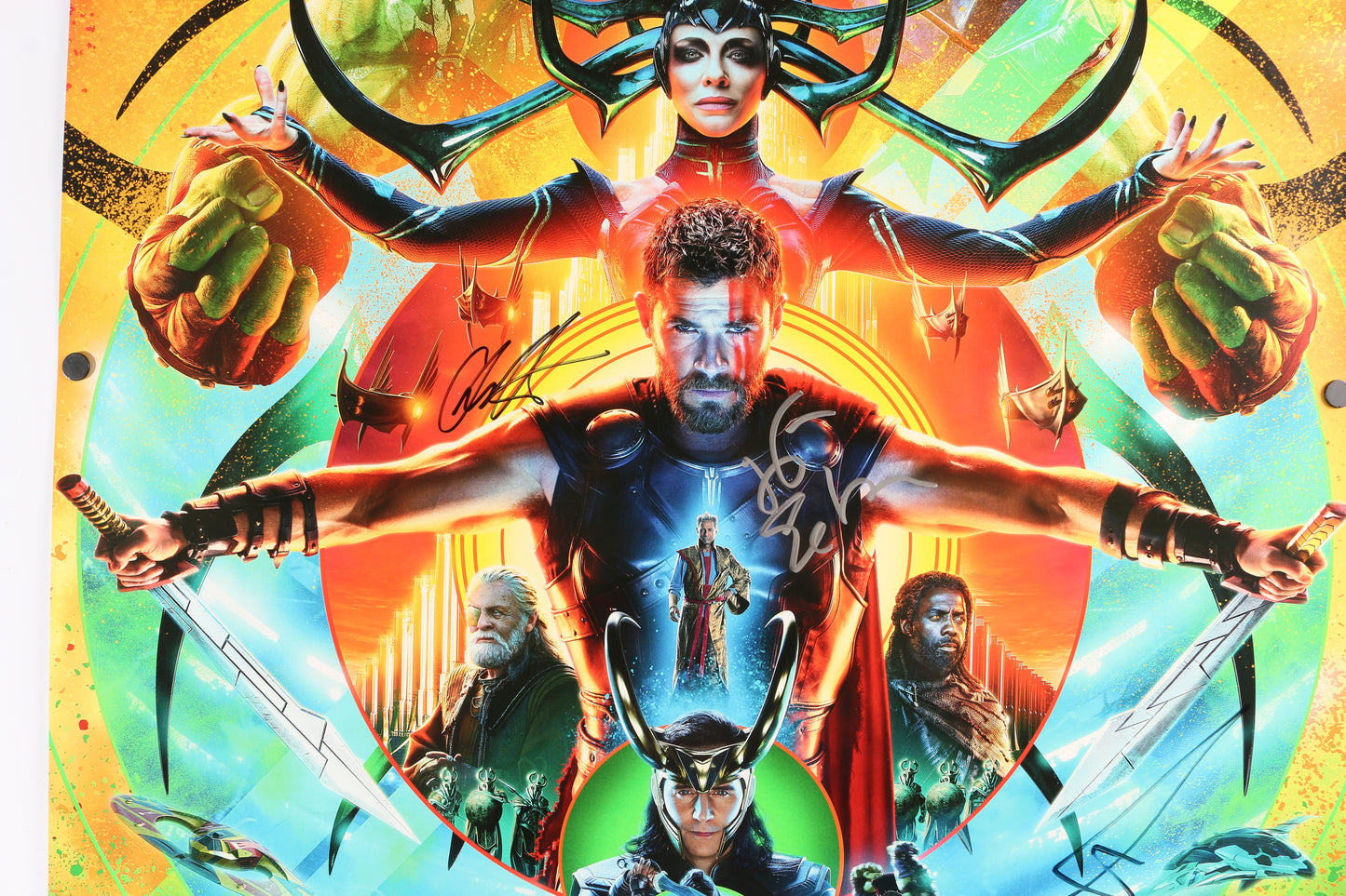 
                  
                    Thor: Ragnarok 27x40 Poster (Beckett) Cast Signed by Chris Hemsworth, Mark Ruffalo, Jeff Goldblum, Karl Urban, Producer: Kevin Feige, & Director: Taika Waititi
                  
                