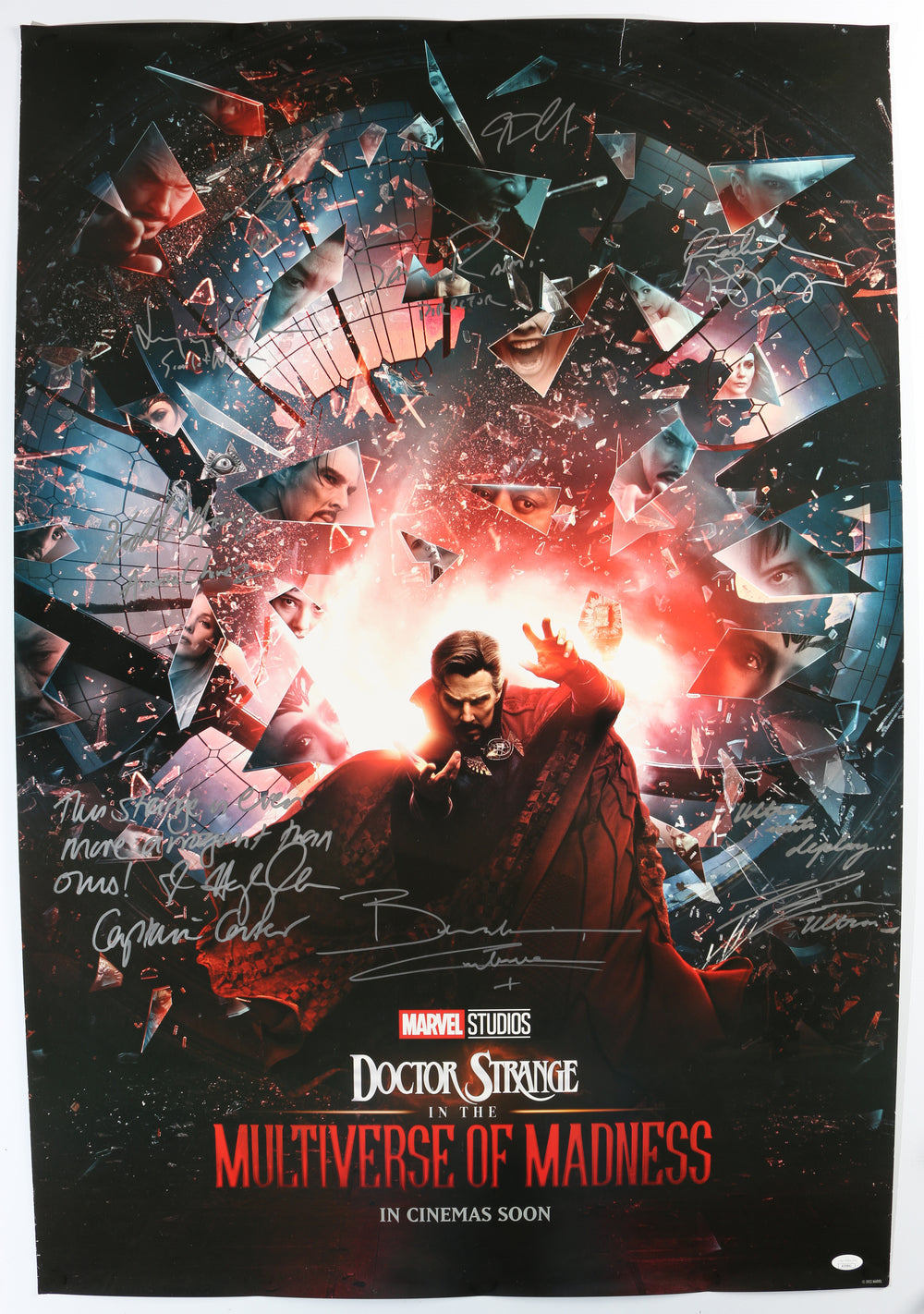 Doctor Strange in the Multiverse of Madness 27x40 Poster (JSA) Cast Signed by Benedict Cumberbatch, Elizabeth Olsen, Xochitl Gomez, Rachel McAdams, Hayley Atwell, John Krasinski, Ross Marquand, Bruce Campbell, & Director: Sam Raimi