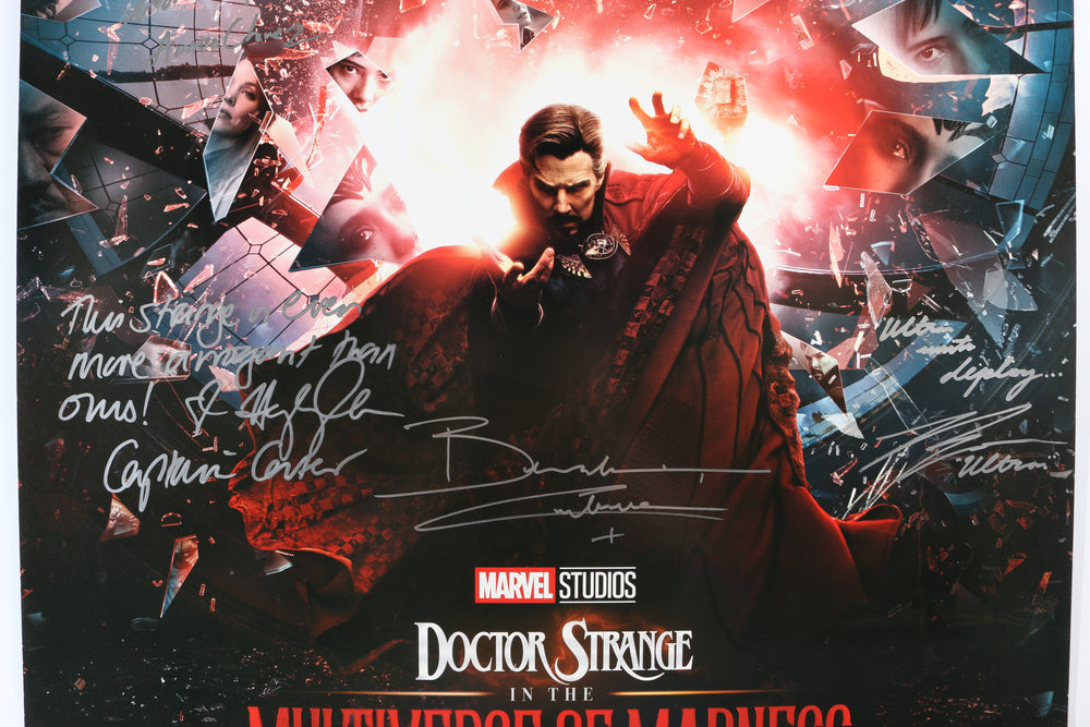 
                  
                    Doctor Strange in the Multiverse of Madness 27x40 Poster (JSA) Cast Signed by Benedict Cumberbatch, Elizabeth Olsen, Xochitl Gomez, Rachel McAdams, Hayley Atwell, John Krasinski, Ross Marquand, Bruce Campbell, & Director: Sam Raimi
                  
                