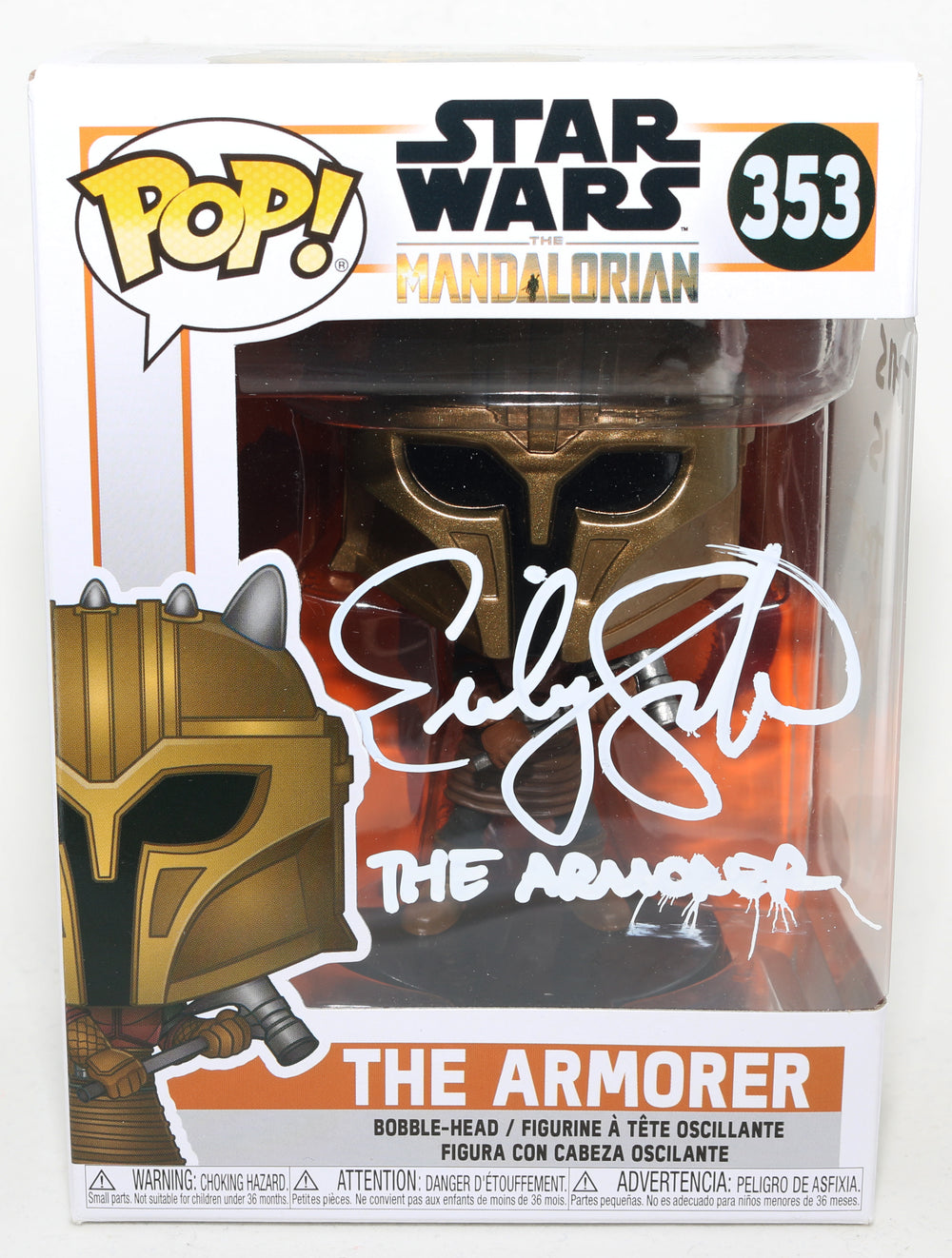 Emily Swallow as the Armorer in Star Wars: The Mandalorian (JSA) Signed Funko POP! #353 with Character Name and Quote