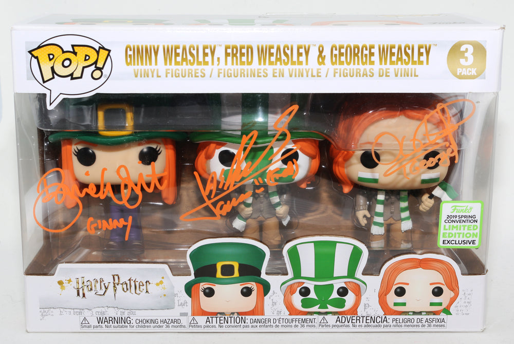 Bonnie Wright as Ginny Weasley, Oliver Phelps as George Weasley, & James Phelps as Fred Weasley in Harry Potter and the Goblet of Fire 2019 Summer Convention Exclusive (JSA) Signed Funko POP! 3 Pack with Character Names