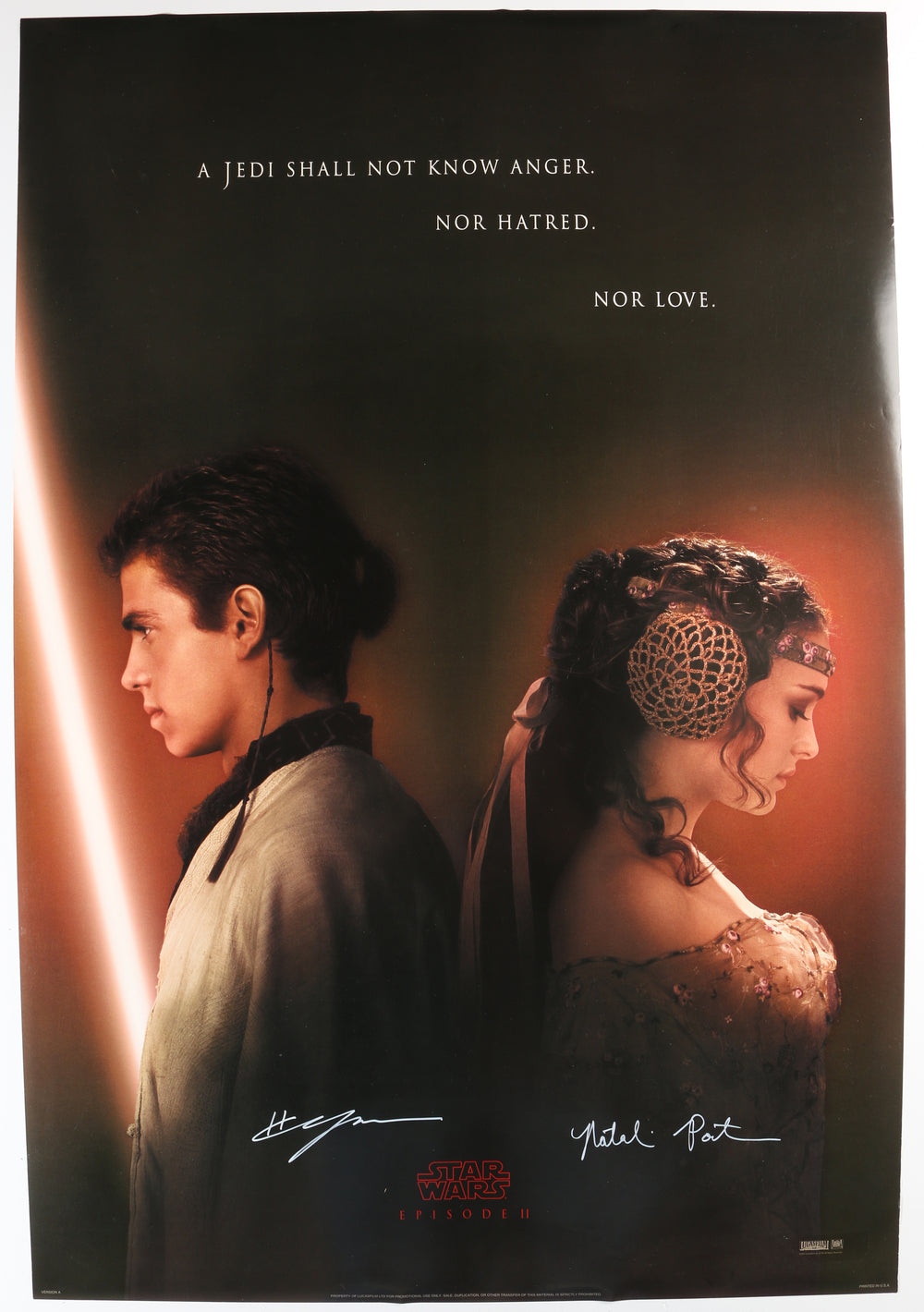 Hayden Christensen as Anakin Skywalker & Natalie Portman as Padme Amidala in Star Wars Episode II: Attack of the Clones (Beckett Witnessed) Signed 27x40 Poster