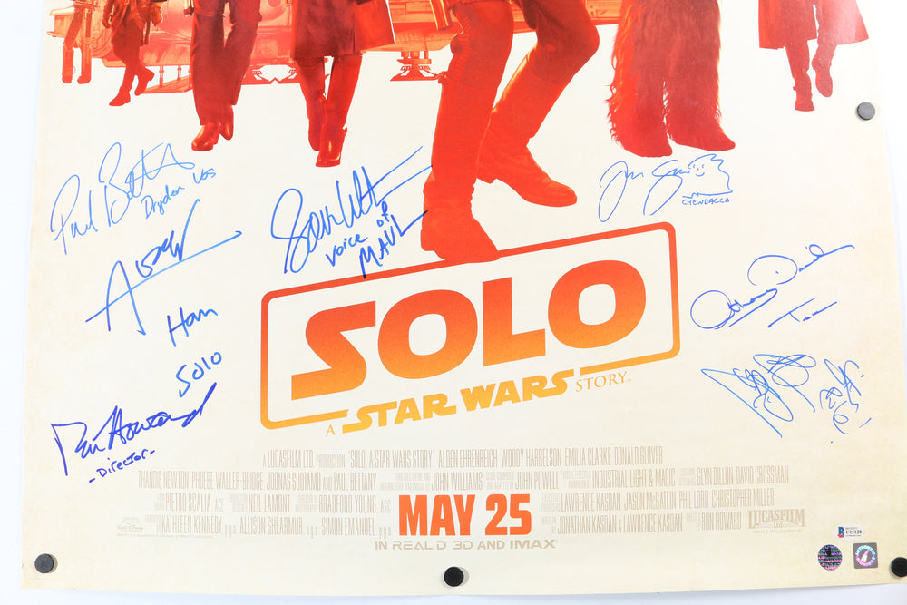 
                  
                    Solo: A Star Wars Story 27x40 Poster (Beckett / ASI) Cast Signed by Alden Ehrenreich, Joonas Suotamo, Paul Bettany, Ray Park, Sam Witwer, Anthony Daniels, & Director: Ron Howard with Character Names
                  
                