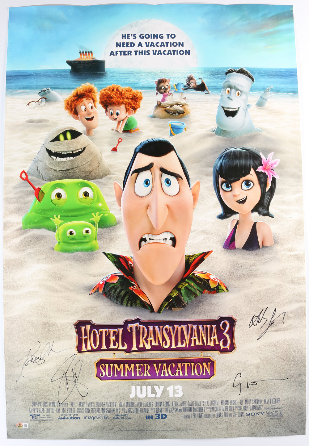 Hotel Transylvania 3: Summer Vacation 27x40 Poster (Beckett) Cast Signed by Andy Samberg, Selena Gomez, Kathryn Hahn, & Gendy Tartakovsky