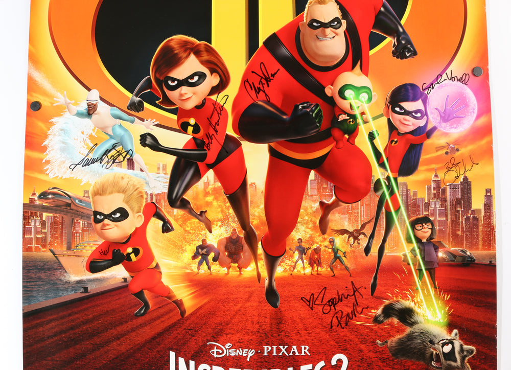 
                  
                    Incredibles 2 Disney Pixar 27x40 Poster (Beckett) Cast Signed by Craig T. Nelson, Holly Hunter, Sarah Vowell, Huck Milner, Catherine Keener, Samuel L. Jackson, Sophia Bush, & Bob Odenkirk
                  
                