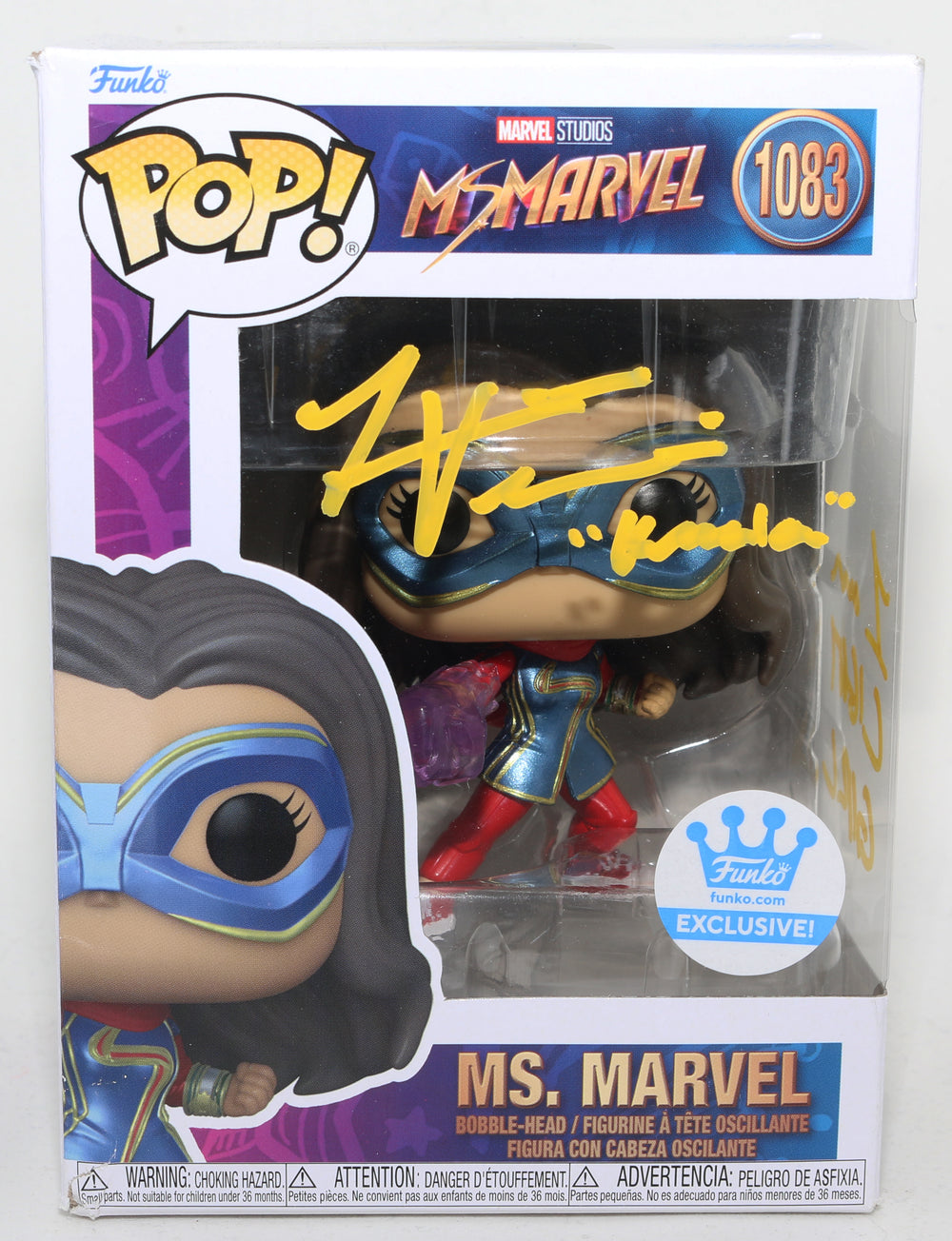 Iman Vellani as Ms. Marvel in Ms. Marvel Funko Exclusive Signed Funko POP! #1083 with Character Name and Quote