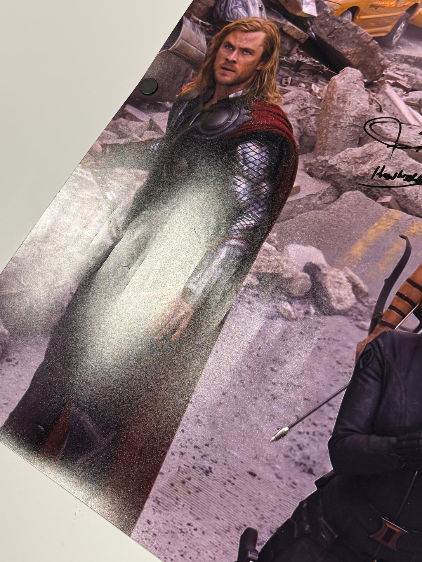 
                  
                    Chris Evans as Captain America & Jeremy Renner as Hawkeye in The Avengers (SWAU) Signed 20x30 Poster with Character Names
                  
                