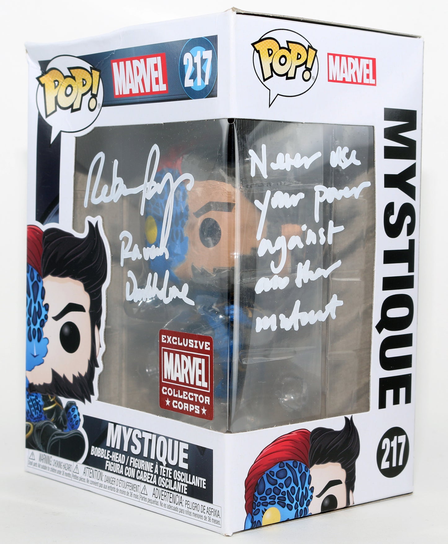 
                  
                    Rebecca Romijn as Mystique in X-Men Marvel Collector Corps Exclusive Signed Funko POP! #217 with Character Name & Quote
                  
                