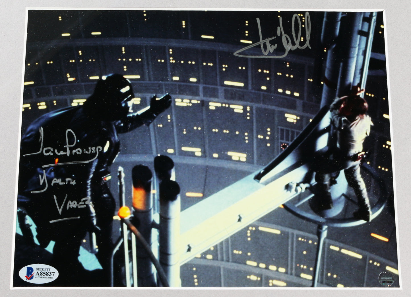 
                  
                    Mark Hamill as Luke Skywalker & Dave Prowse as Darth Vader Lightsaber Duel in Star Wars: The Empire Strikes Back (Beckett / Steiner) Signed Framed 8x10 Photo
                  
                