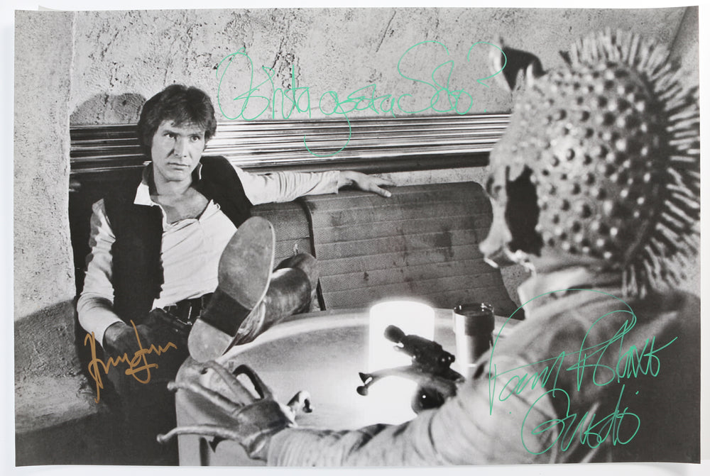 Harrison Ford as Han Solo and Paul Blake as Greedo in Star Wars: A New Hope (Beckett Witnessed) Signed 20x30 Poster