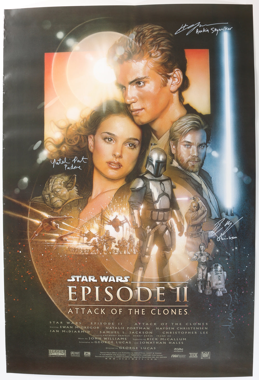 Star Wars Episode II: Attack of the Clones 27x40 Poster (SWAU) Cast Signed by Ewan McGregor, Natalie Portman, & Hayden Christensen with Character Names