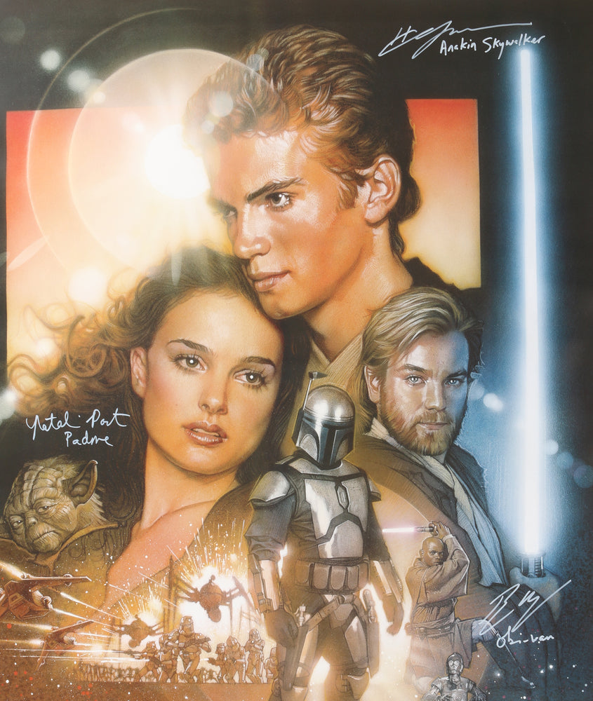 
                  
                    Star Wars Episode II: Attack of the Clones 27x40 Poster (SWAU) Cast Signed by Ewan McGregor, Natalie Portman, & Hayden Christensen with Character Names
                  
                