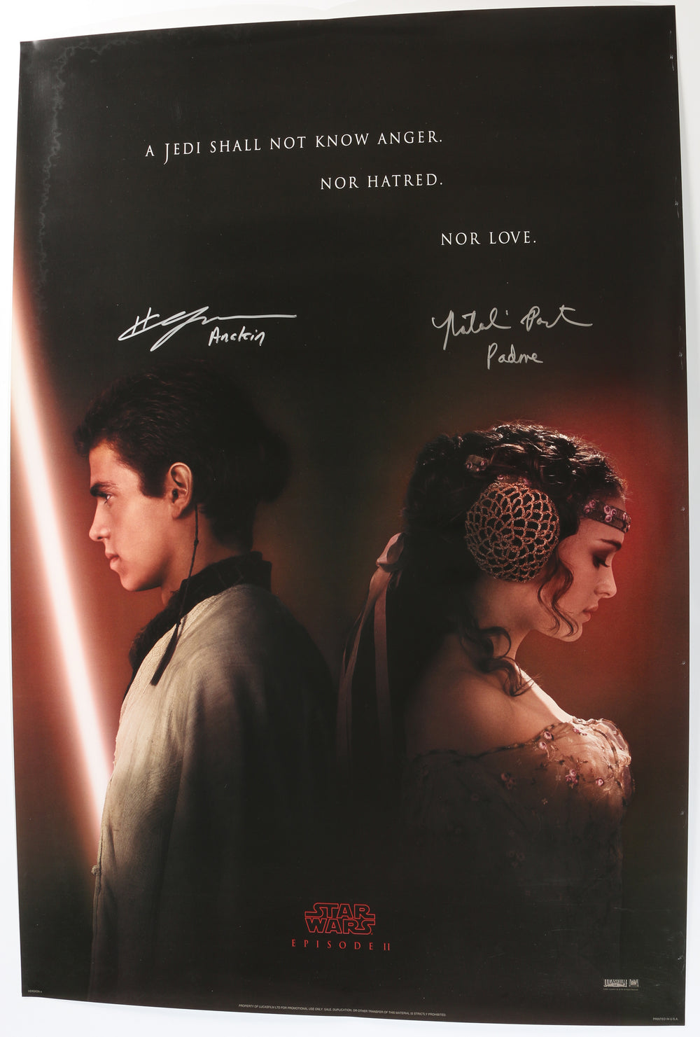 Hayden Christensen as Anakin Skywalker & Natalie Portman as Padme Amidala in Star Wars Episode II: Attack of the Clones (SWAU) Signed 27x40 Poster with Character Names