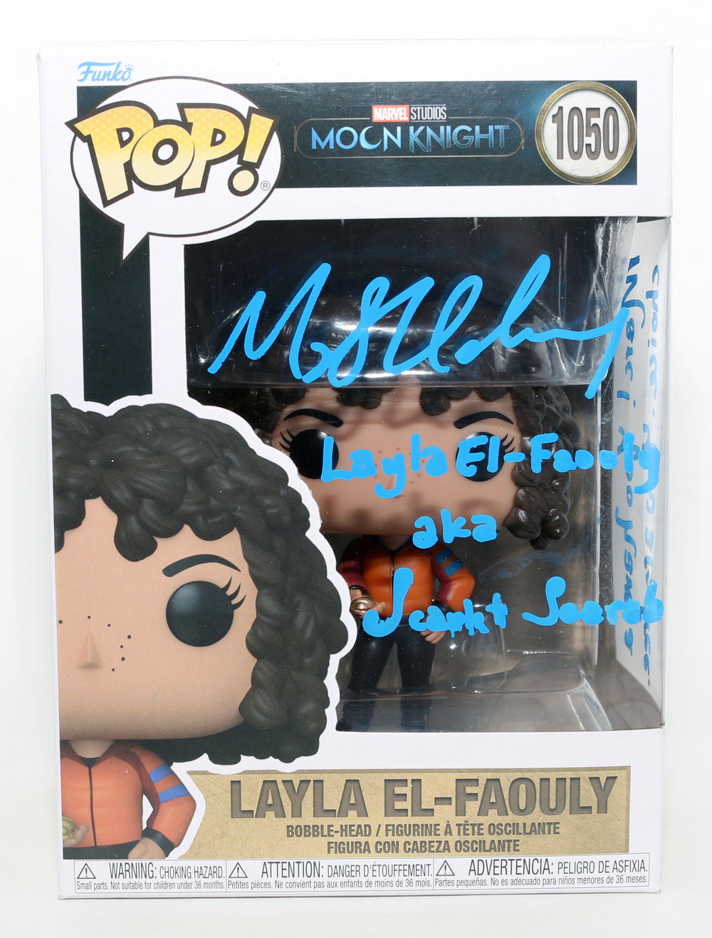 May Calamawy as  Layla El-Faouly / Scarlet Scarab in Moon Knight Signed Funko POP! #1050 with Character Name & Quote