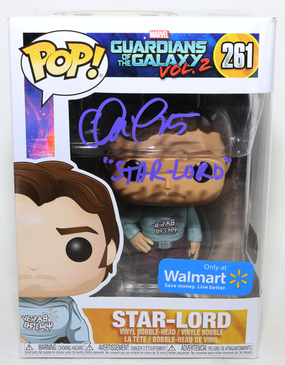 Chris Pratt as Star-Lord in Guardians of the Galaxy Vol. 2 Walmart Exclusive (SWAU) Signed Funko POP! #261 with Character Name