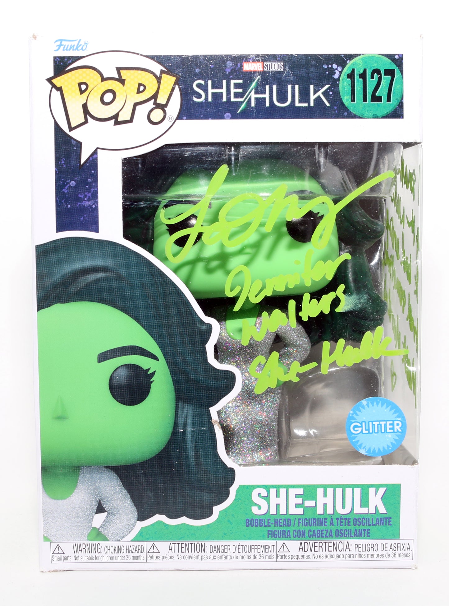
                  
                    Tatiana Maslany as She-Hulk in She-Hulk Glitter Edition Signed Funko POP! #1127 with Character Name & Quote
                  
                