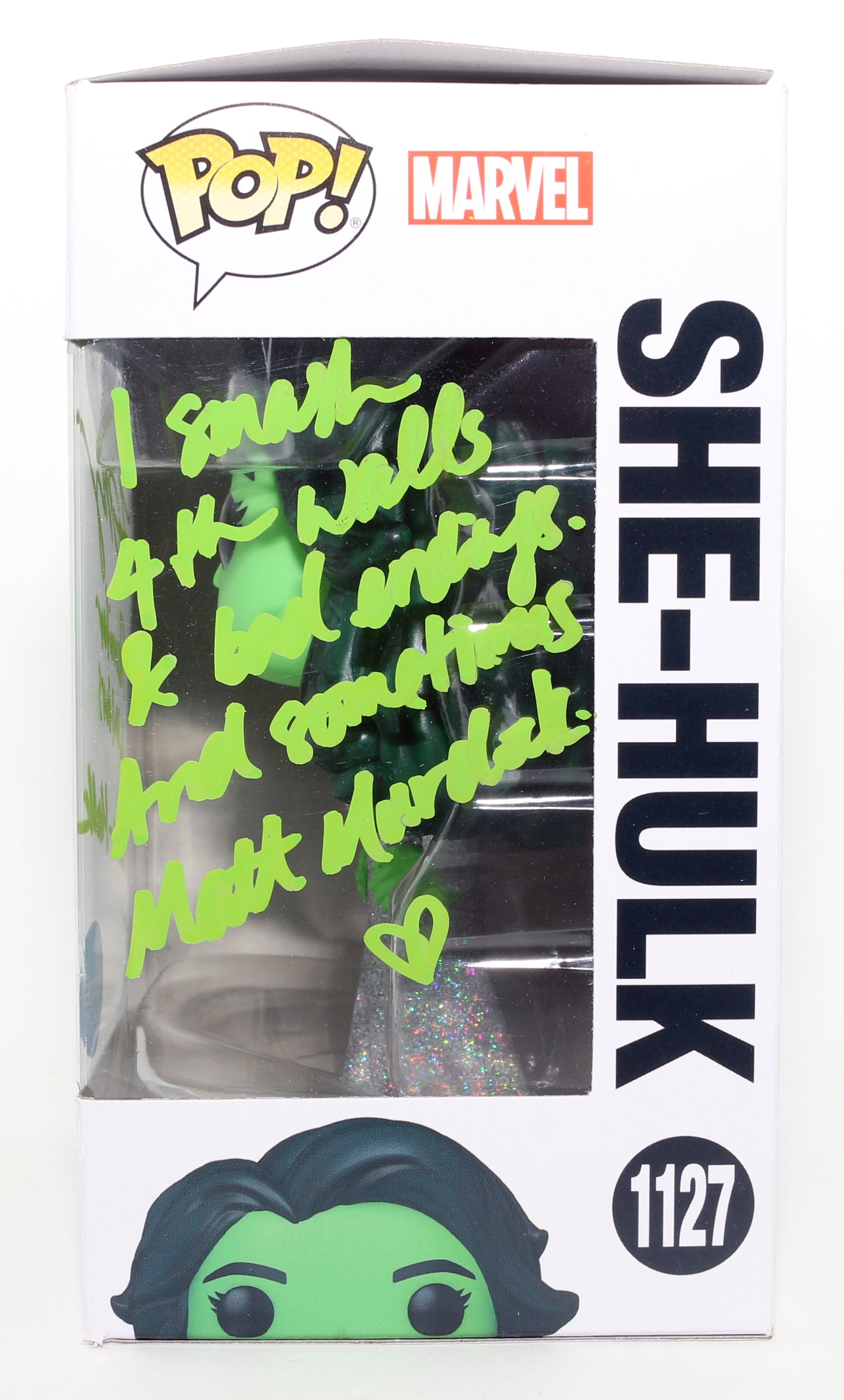 
                  
                    Tatiana Maslany as She-Hulk in She-Hulk Glitter Edition Signed Funko POP! #1127 with Character Name & Quote
                  
                