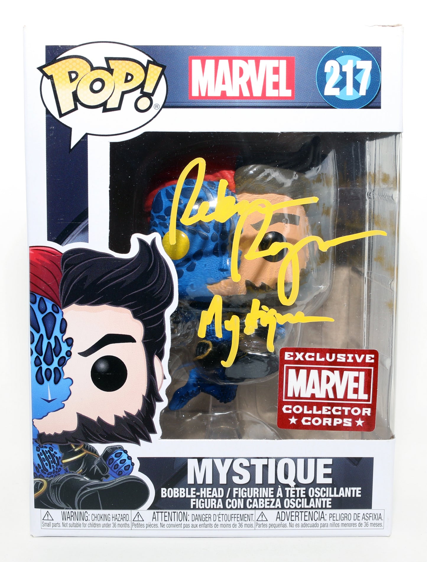
                  
                    Rebecca Romijn as Mystique in X-Men Marvel Collector Corps Exclusive Signed Funko POP! #217 with Character Name & Quote
                  
                