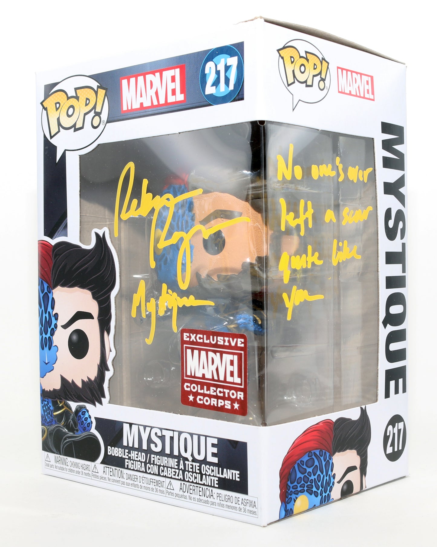 
                  
                    Rebecca Romijn as Mystique in X-Men Marvel Collector Corps Exclusive Signed Funko POP! #217 with Character Name & Quote
                  
                