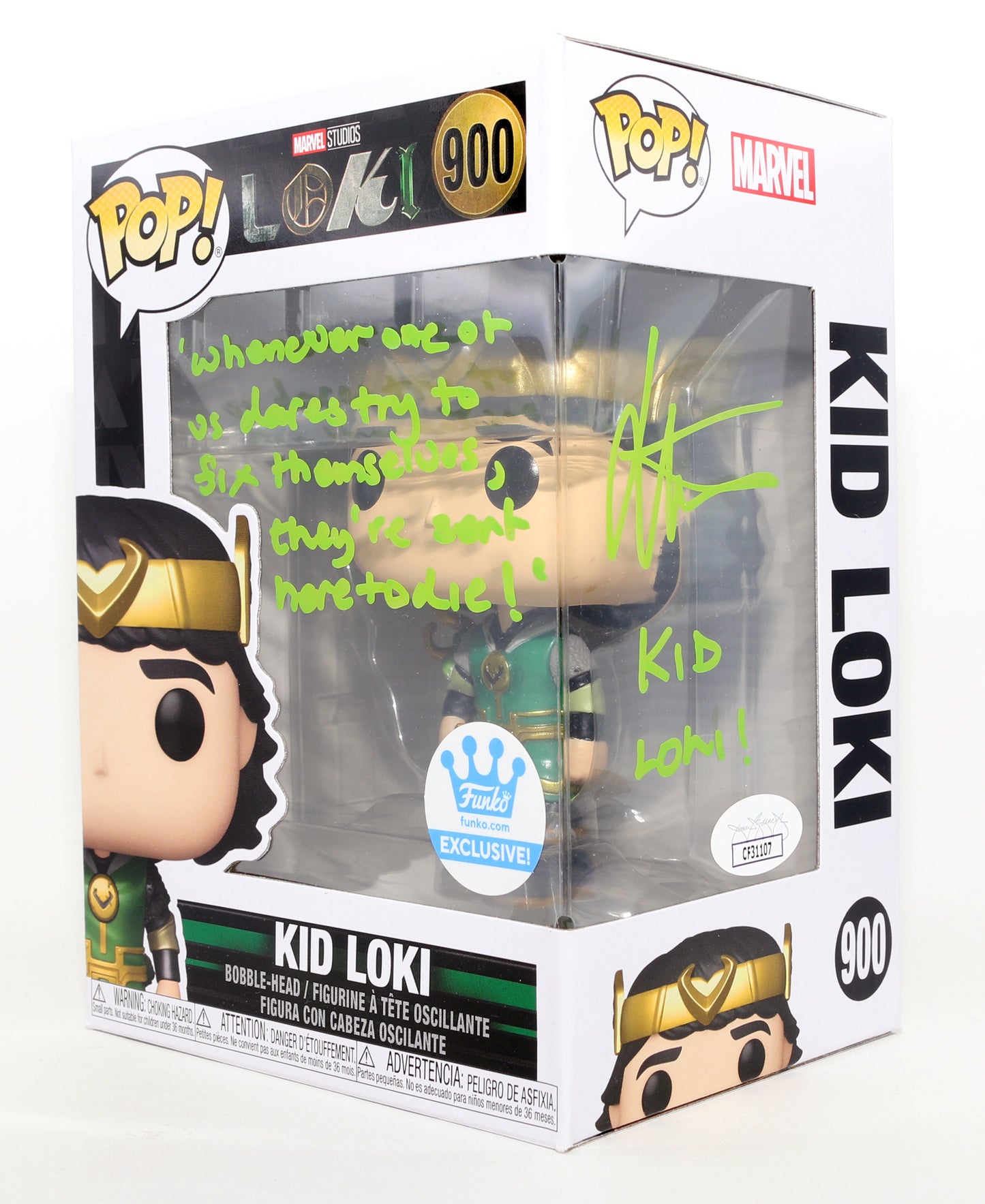 
                  
                    Jack Veal as Kid Loki in Loki Funko Store Exclusive (JSA) Signed Funko POP! #900 with Character Name & Quote
                  
                