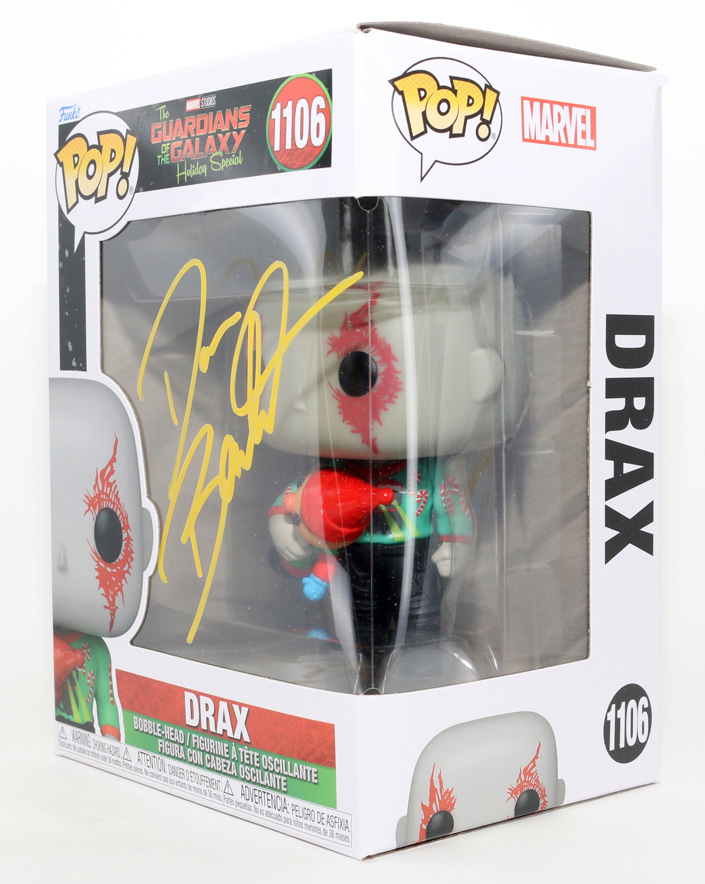 
                  
                    Dave Bautista as Drax in Guardians of the Galaxy Holiday Special Signed Funko POP! #1106
                  
                