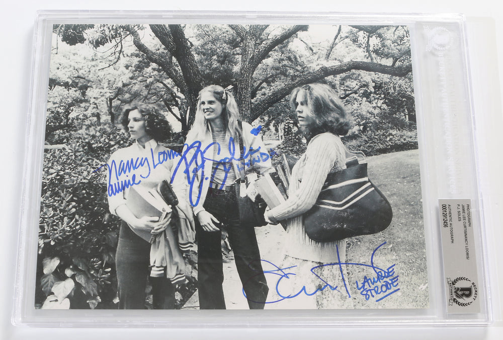 Jamie Lee Curtis as Laurie Strode, Nancy Kyes as Annie Brackett, & P. J. Soles as Lynda Van Der Klok in John Carpenter's Halloween (Beckett Slabbed) Signed 8x10 Photo with Character Names