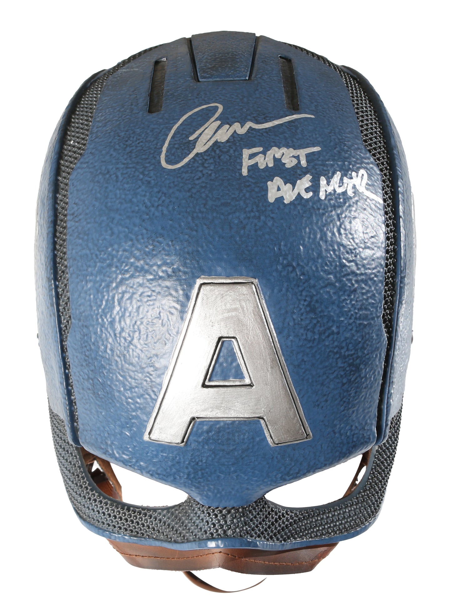 
                  
                    Captain America's Helmet Signed by Chris Evans with 'First Avenger' Inscription
                  
                