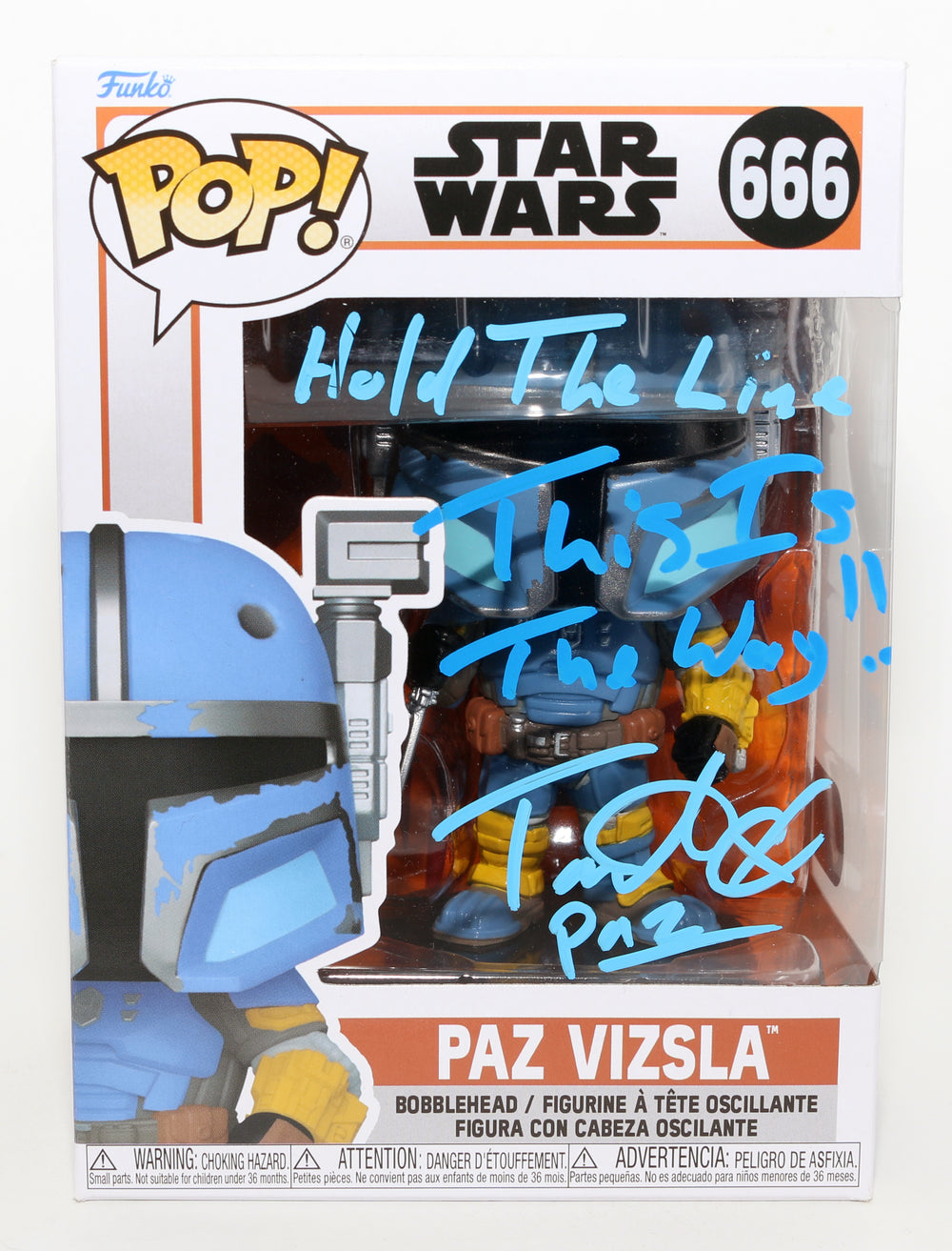 Tait Fletcher as Paz Vizsla in Star Wars: The Mandalorian (SWAU) Signed Funko POP! #666 with Character Name and Quotes