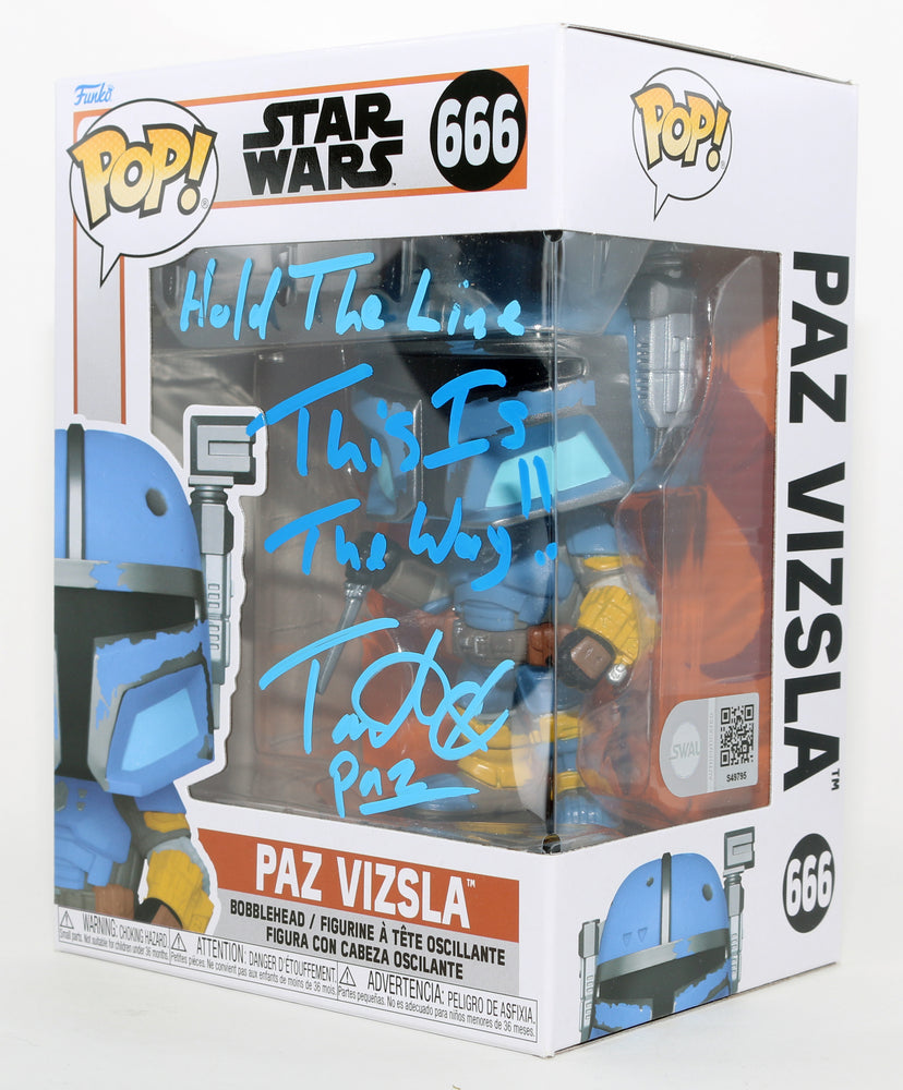 
                  
                    Tait Fletcher as Paz Vizsla in Star Wars: The Mandalorian (SWAU) Signed Funko POP! #666 with Character Name and Quotes
                  
                