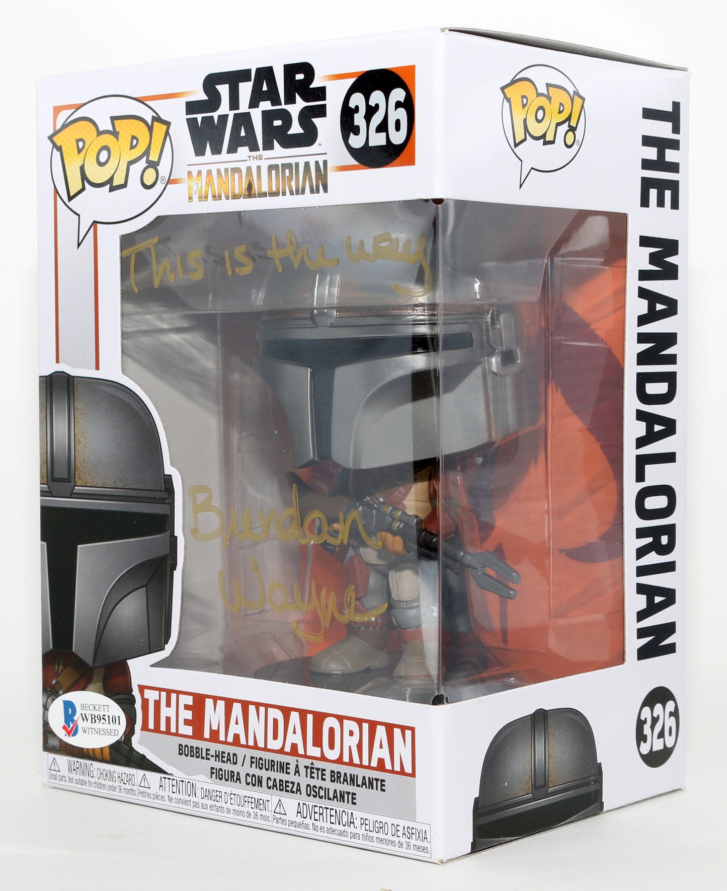 
                  
                    Brendan Wayne as The Mandalorian in Star Wars: The Mandalorian (Beckett) Signed Funko POP! #326 with Quote
                  
                