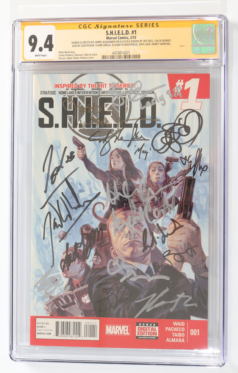 S.H.I.E.L.D. #1 - Signed by Samuel L. Jackson, Joss Whedon, Hayley Atwell, Cobie Smulders, Jaimie Alexander, Jeff Bell, Chloe Bennet, Iain De Caestecker, Clark Gregg, Elizabeth Henstridge, Jeph Loeb, Henry Simmons & More (CGC Signature Series 9.4) 2015