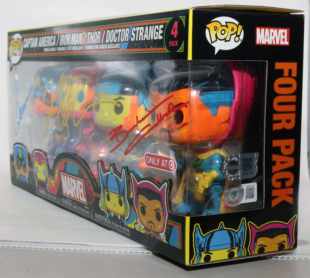 
                  
                    Chris Evans as Captain America, Chris Hemsworth as Thor, & Benedict Cumberbatch as Doctor Strange in The Avengers Target Exclusive (Beckett / SWAU) Signed Funko POP! 4-Pack
                  
                