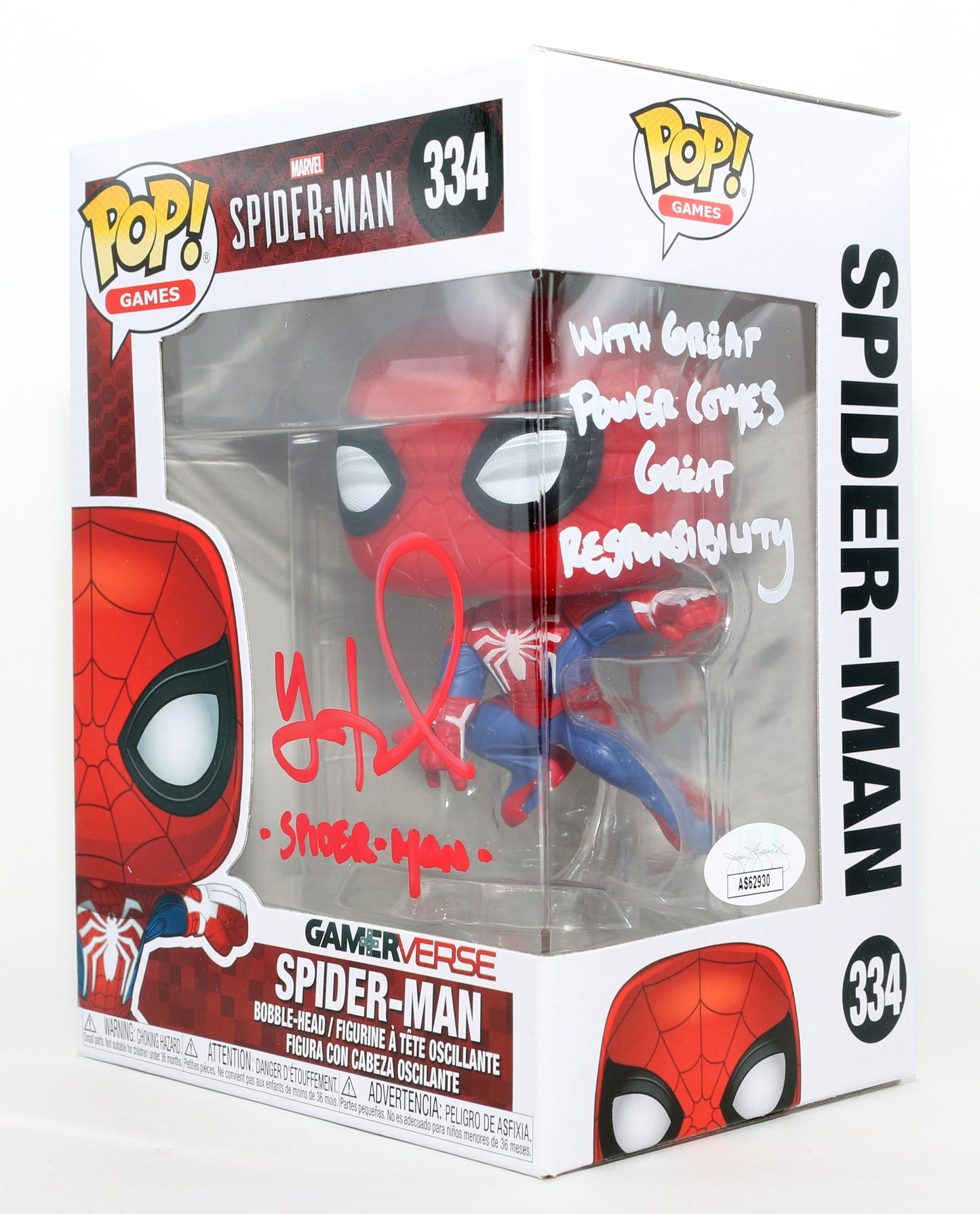 
                  
                    Yuri Lowenthal as Spider-Man in Marvel's Spider-Man Playstation Game (JSA) Signed Funko POP! #334 with Character Name & Quote
                  
                