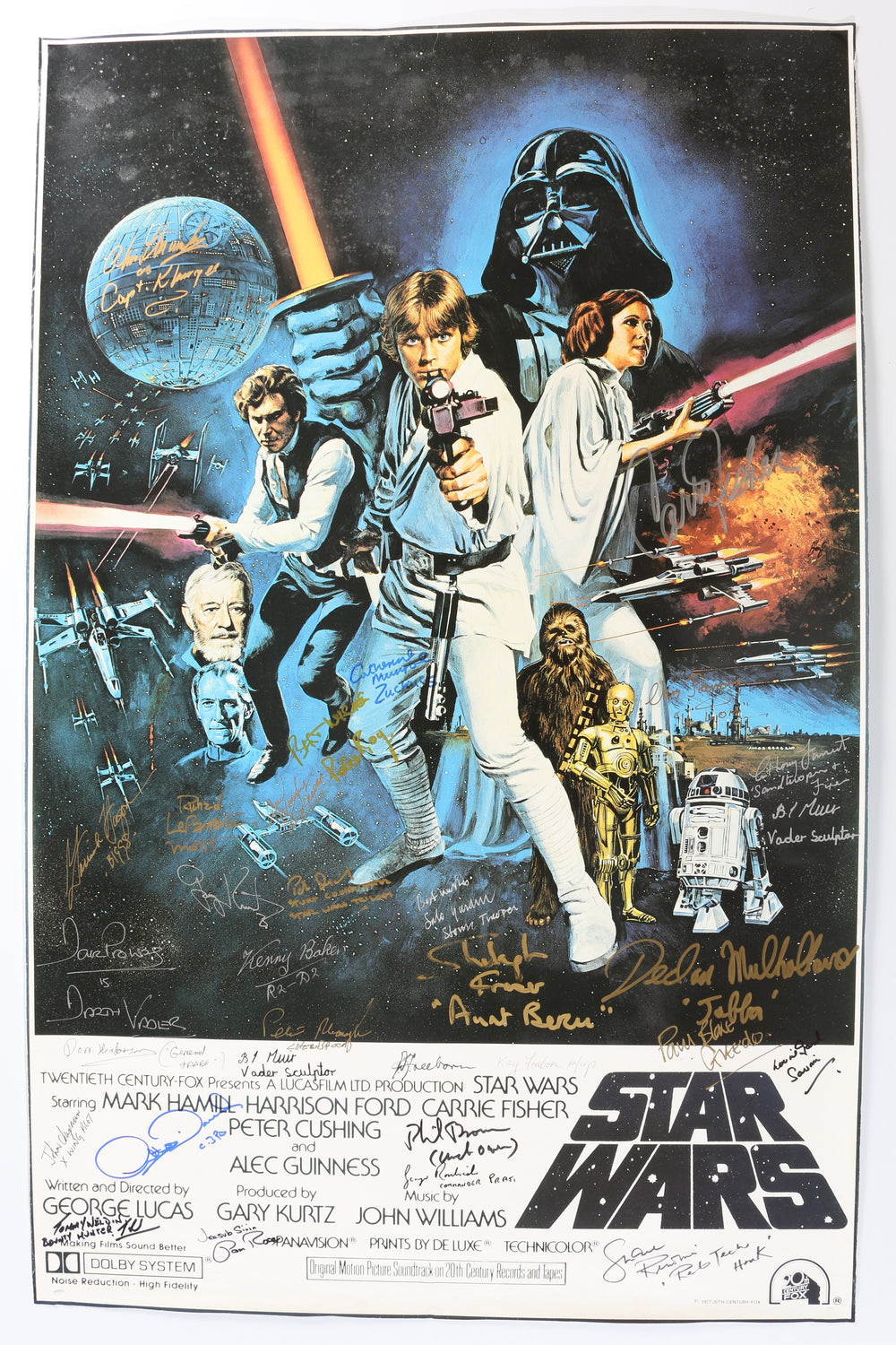 Star Wars: A New Hope 23x36 Poster Signed by Carrie Fisher, Kenny Baker, Peter Mayhew, Dave Prowse, Anthony Daniels, Gary Kurtz, Richard LeParmentier, Shelagh Fraser, Phil Brown, Don Henderson, Declan Mullholland, Peter Diamond, Stuart Freeborn, & More