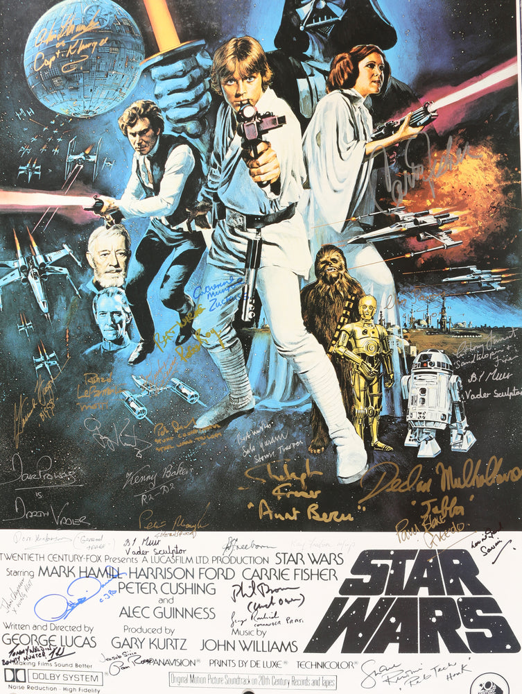 
                  
                    Star Wars: A New Hope 23x36 Poster Signed by Carrie Fisher, Kenny Baker, Peter Mayhew, Dave Prowse, Anthony Daniels, Gary Kurtz, Richard LeParmentier, Shelagh Fraser, Phil Brown, Don Henderson, Declan Mullholland, Peter Diamond, Stuart Freeborn, & More
                  
                