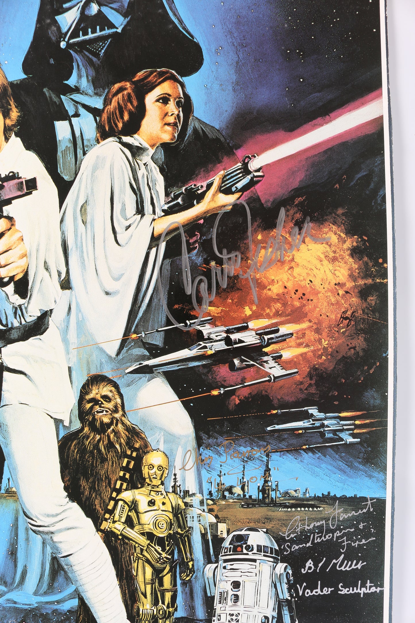 
                  
                    Star Wars: A New Hope 23x36 Poster Signed by Carrie Fisher, Kenny Baker, Peter Mayhew, Dave Prowse, Anthony Daniels, Gary Kurtz, Richard LeParmentier, Shelagh Fraser, Phil Brown, Don Henderson, Declan Mullholland, Peter Diamond, Stuart Freeborn, & More
                  
                