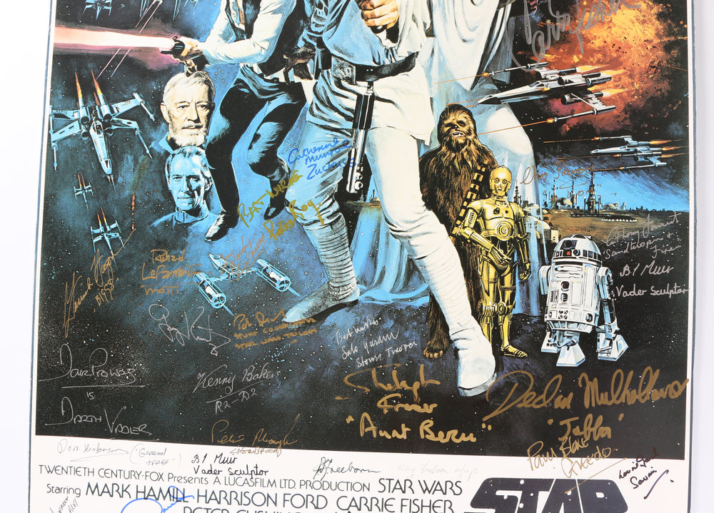 
                  
                    Star Wars: A New Hope 23x36 Poster Signed by Carrie Fisher, Kenny Baker, Peter Mayhew, Dave Prowse, Anthony Daniels, Gary Kurtz, Richard LeParmentier, Shelagh Fraser, Phil Brown, Don Henderson, Declan Mullholland, Peter Diamond, Stuart Freeborn, & More
                  
                