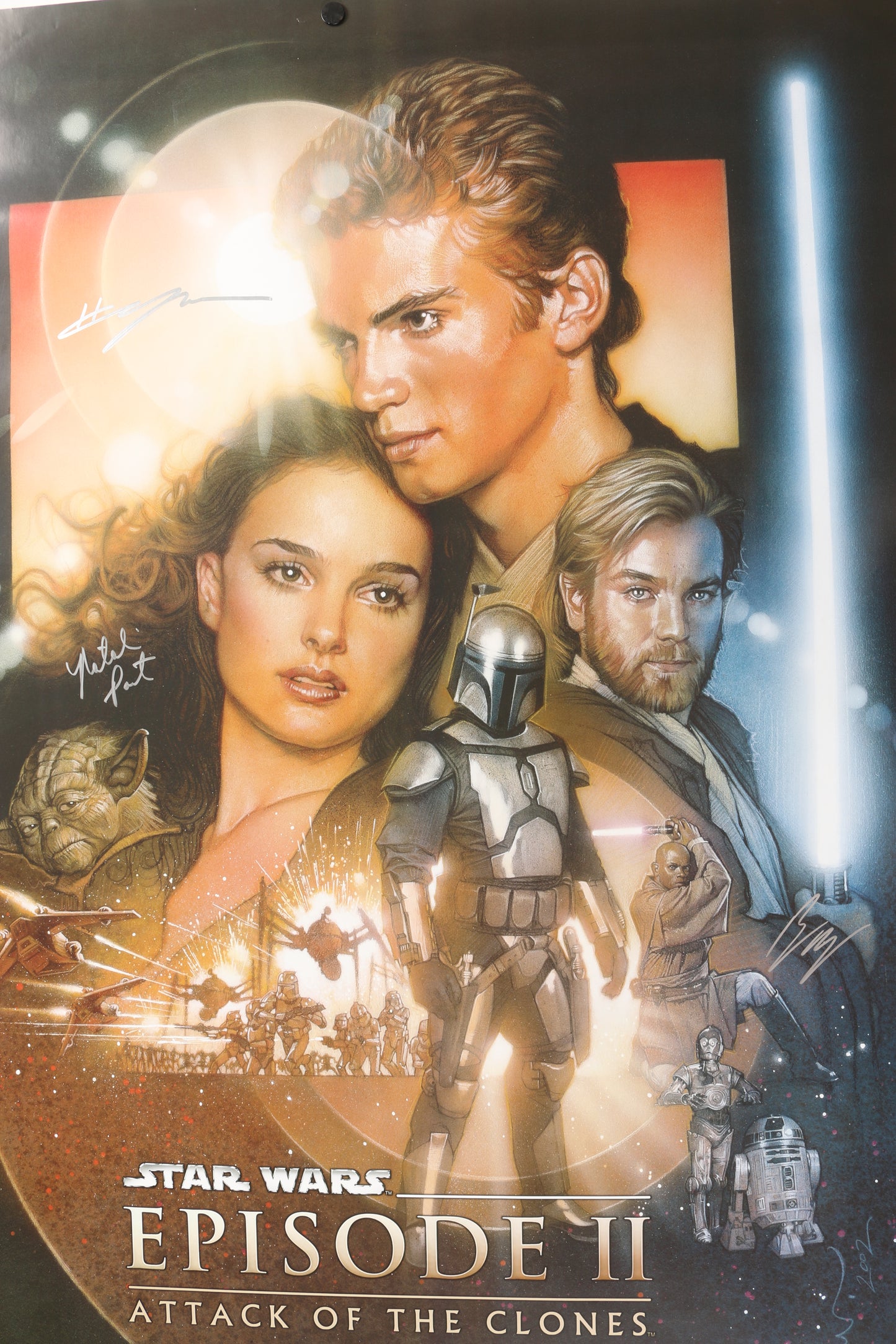 
                  
                    Star Wars Episode II: Attack of the Clones 27x40 Poster (SWAU) Cast Signed by Ewan McGregor, Natalie Portman, & Hayden Christensen
                  
                