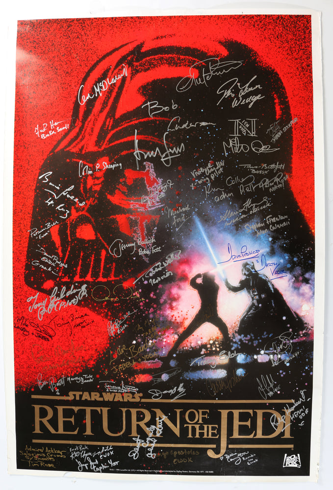 
                  
                    Star Wars: Return of the Jedi 27x40 Poster Cast Signed by Harrison Ford, Carrie Fisher,  Mark Hamill, lan McDiarmid, Anthony Daniels, Bob Anderson, Dave Prowse, Peter Mayhew, Jeremy Bulloch, & More
                  
                