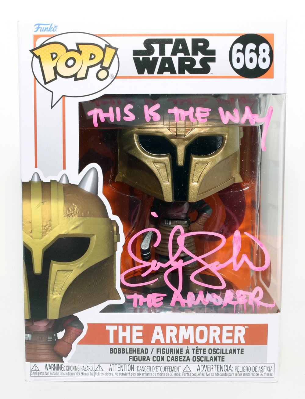 Emily Swallow as the Armorer in Star Wars: The Mandalorian (SWAU) Signed Funko POP! #668 with Character Name & Quote