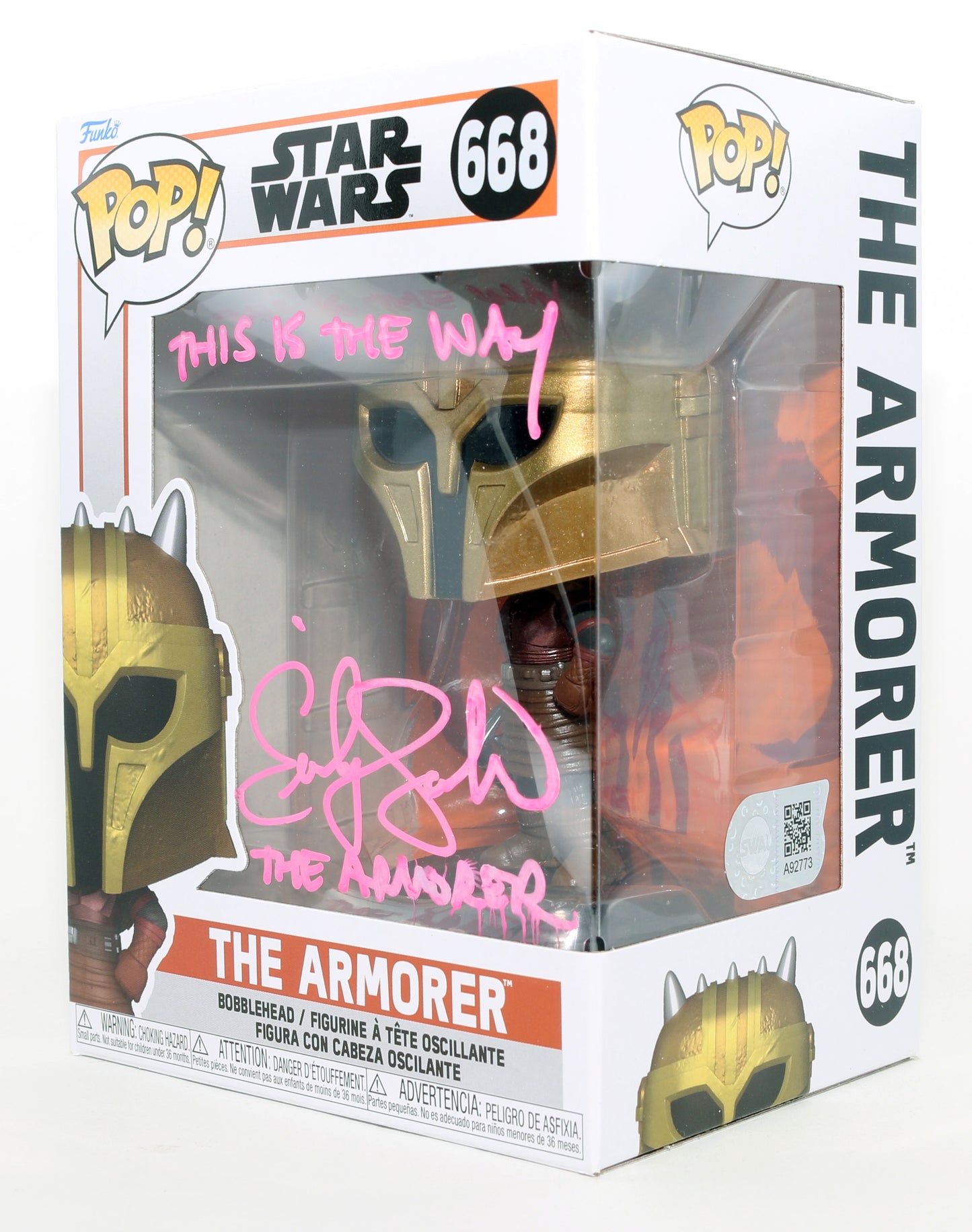 
                  
                    Emily Swallow as the Armorer in Star Wars: The Mandalorian (SWAU) Signed Funko POP! #668 with Character Name & Quote
                  
                