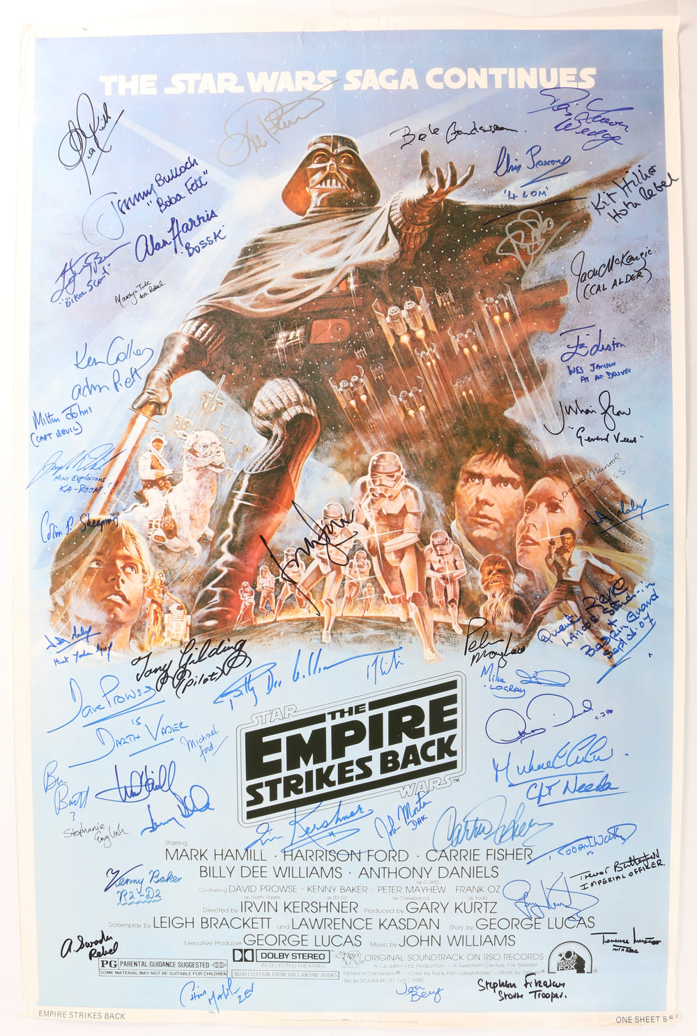 Star Wars: The Empire Strikes Back 26x40 Poster Signed by Harrison Ford, Carrie Fisher, Mark Hamill, Bob Anderson, Dave Prowse, Peter Mayhew, Kenny Baker, Billy Dee Williams, Anthony Daniels, Jeremy Bulloch, Irvin Kershner, & More